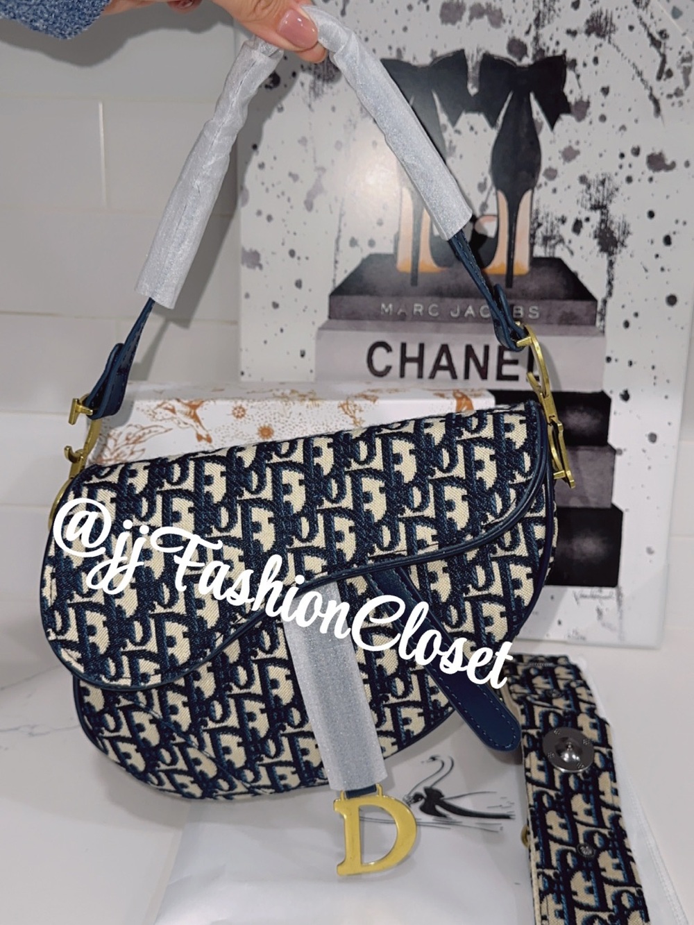 Navy and Cream Saddle Shoulder Bag with Gold D Charm